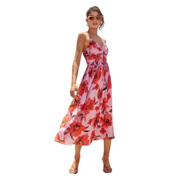 Adelyn Rae Dresses & Skirts - Adelyn Rae Floral Midi Dress Womens Medium Pink Red Excellent Summer Boho‎